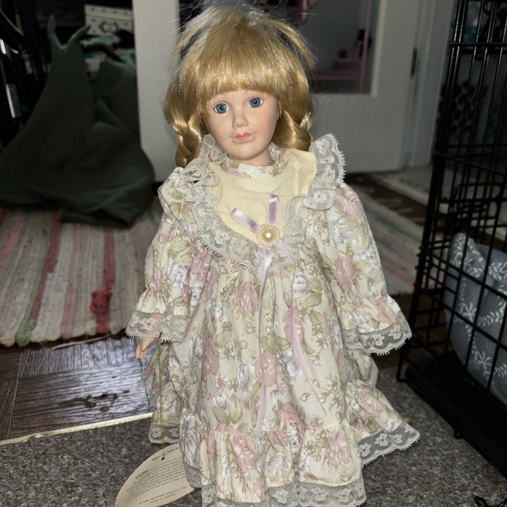 Crown Porcelain Doll with Blonde Hair and Floral Dress